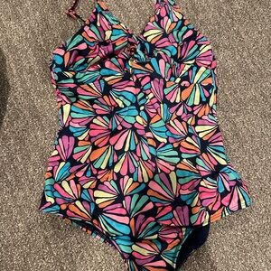 Lands' End Kids One Piece Swimsuit - Pink and Blue Floral